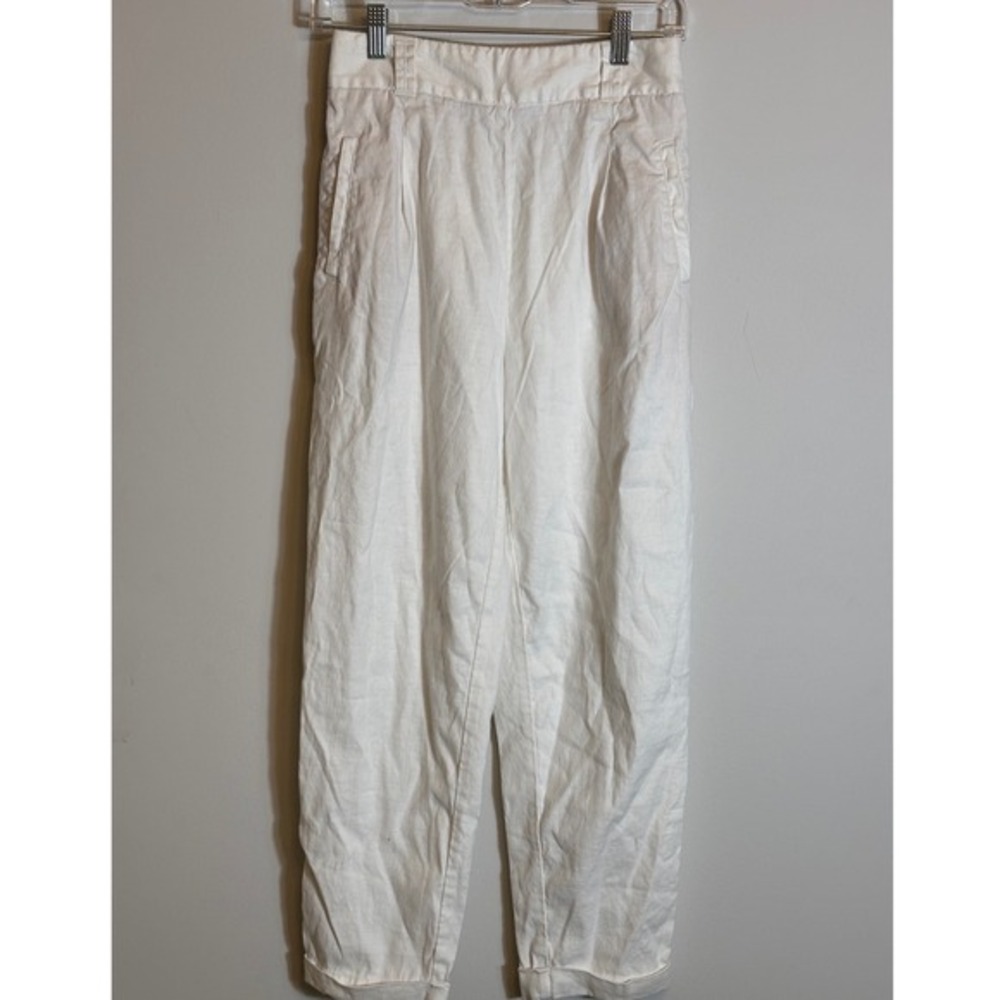 Anthropologie Ettwa White Linen‎ Blend Pleated Tapered Cuffed Pants Size 4